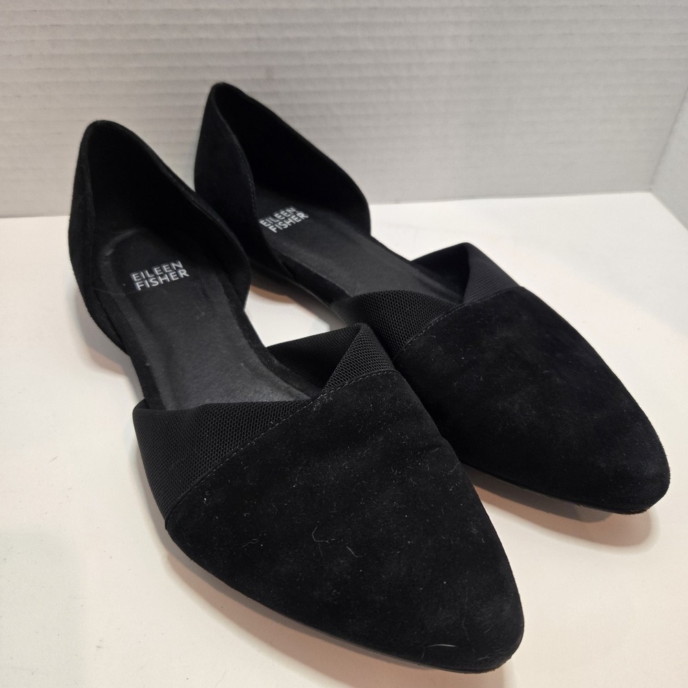 Eileen Fisher Vero Cuoio Black Flat Point Toe Shoes Sz 8.5 Leather Suede Slip-on